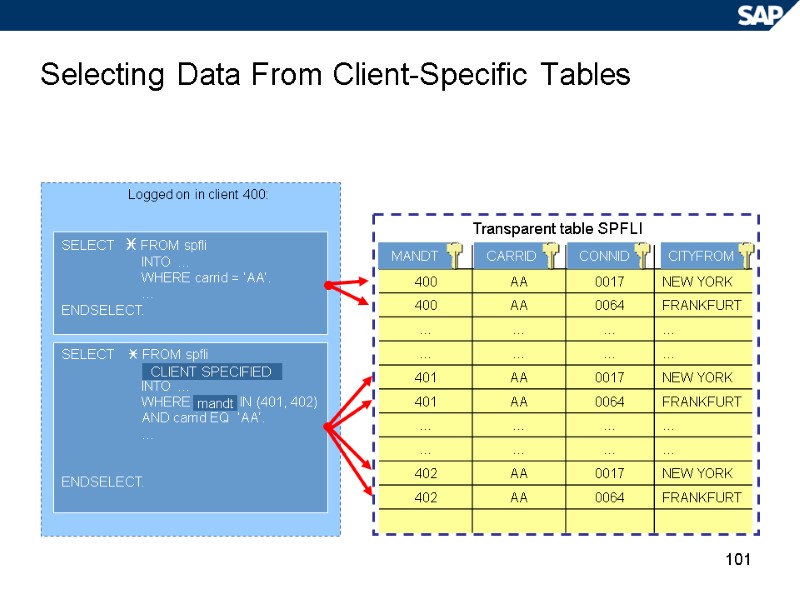 101 Selecting Data From Client-Specific Tables  Logged on in client 400: SELECT 